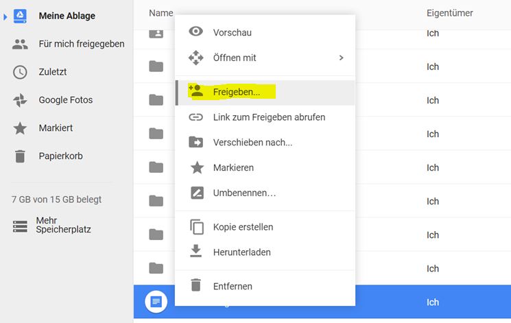 Optionen zur Datei-Freigabe aufrufen in Google Drive